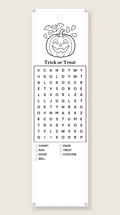 Trick or Treat: Halloween word-search bookmark