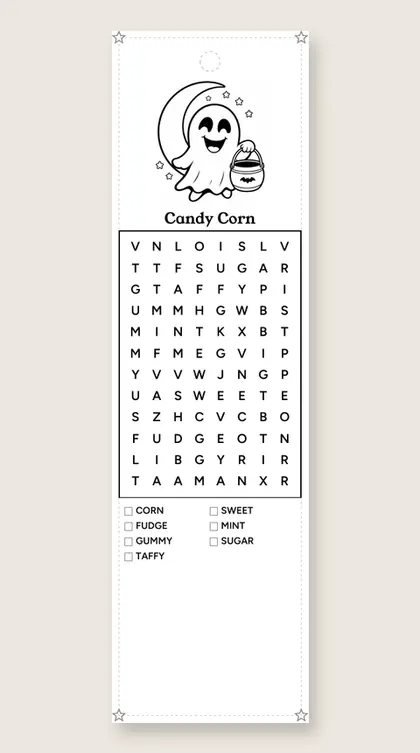 Candy Corn: Halloween word-search bookmark