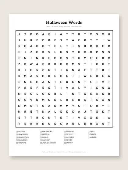 Halloween Words word search puzzle
