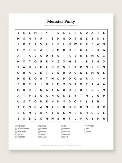 Monster Party word search puzzle