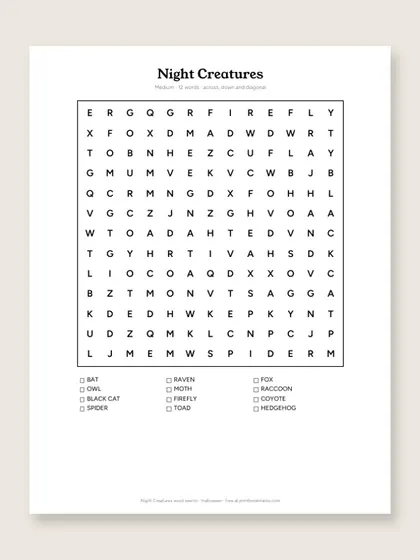 Night Creatures word search puzzle