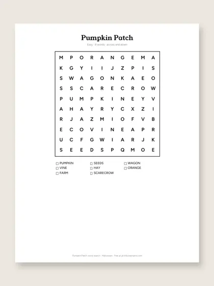 Pumpkin Patch word search puzzle