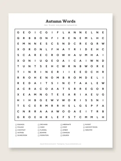 Autumn Words word search puzzle