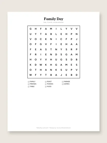 Family Day word search puzzle