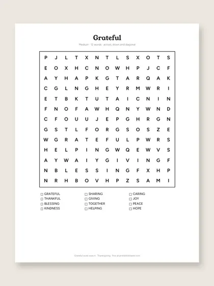 Grateful word search puzzle