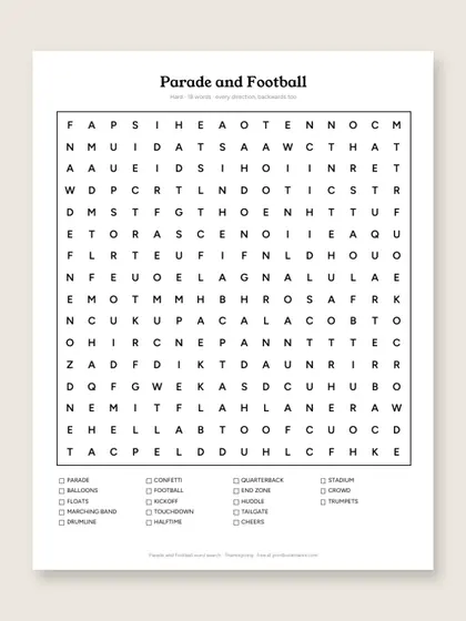 Parade and Football word search puzzle