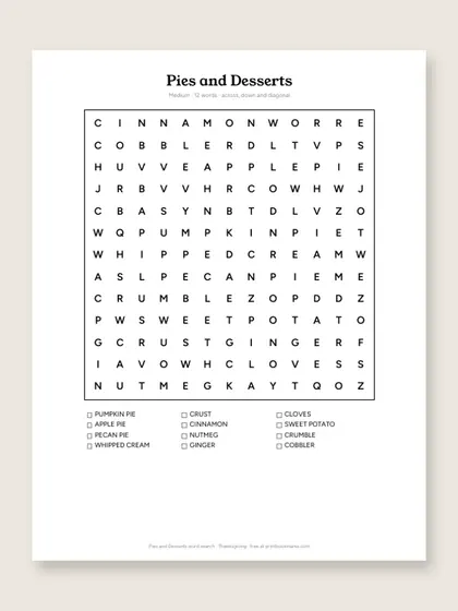 Pies and Desserts word search puzzle