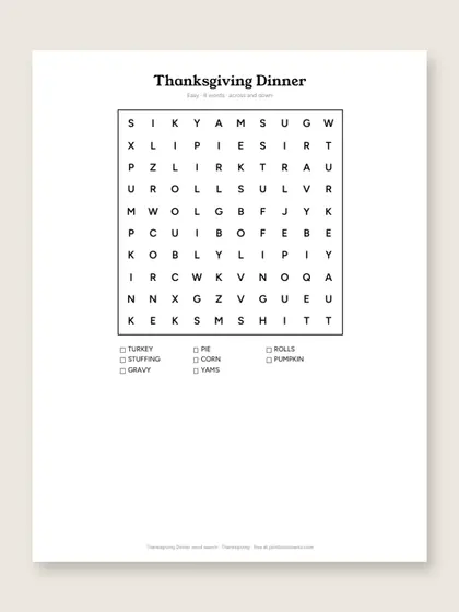 Thanksgiving Dinner word search puzzle