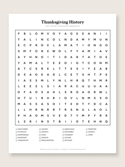 Thanksgiving History word search puzzle