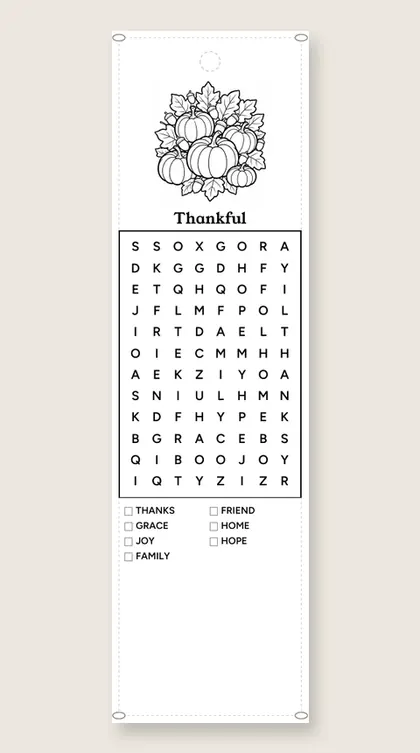 Thankful: Thanksgiving word-search bookmark