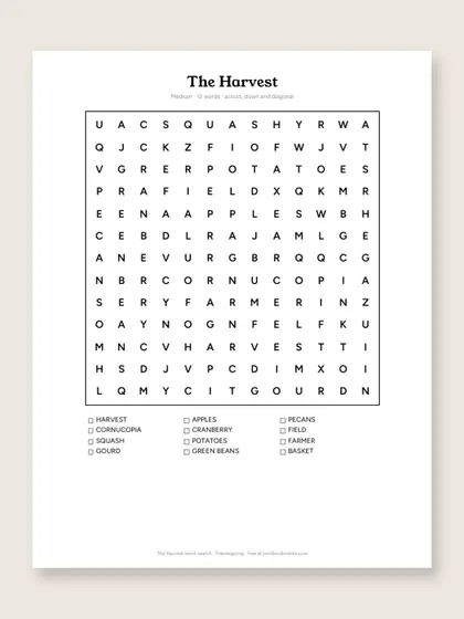 The Harvest word search puzzle