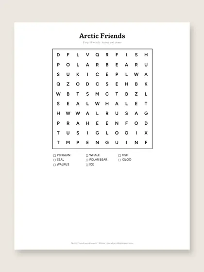 Arctic Friends word search puzzle