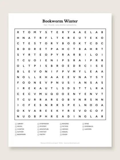 Bookworm Winter word search puzzle