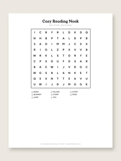 Cozy Reading Nook word search puzzle