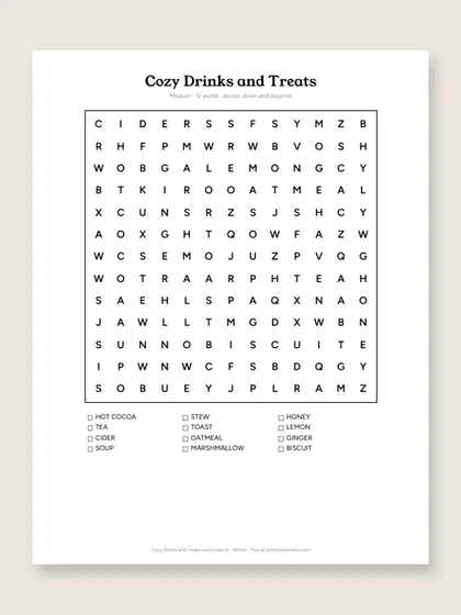 Cozy Drinks and Treats word search puzzle