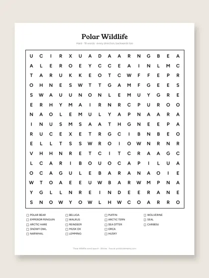 Polar Wildlife word search puzzle