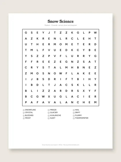 Snow Science word search puzzle