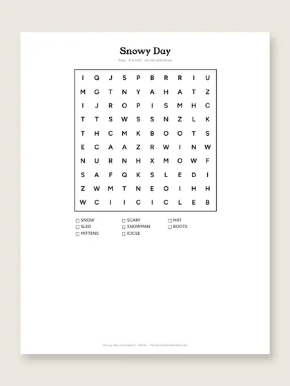 Snowy Day word search puzzle