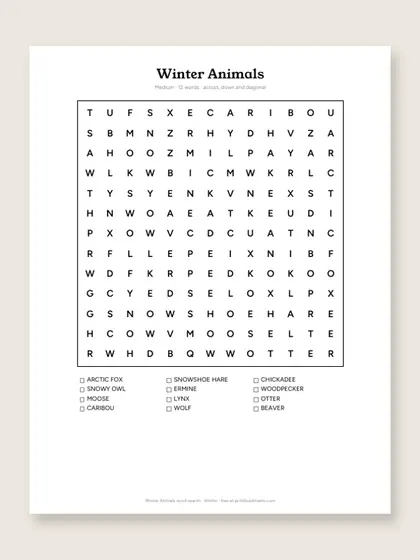 Winter Animals word search puzzle