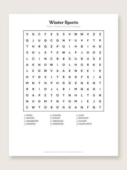 Winter Sports word search puzzle