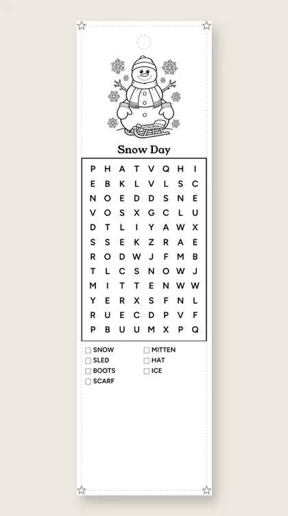 Snow Day: winter word-search bookmark