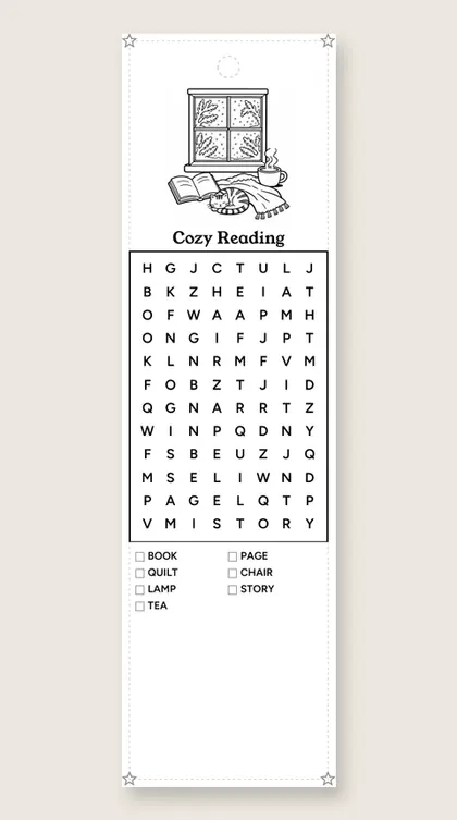 Cozy Reading: winter word-search bookmark