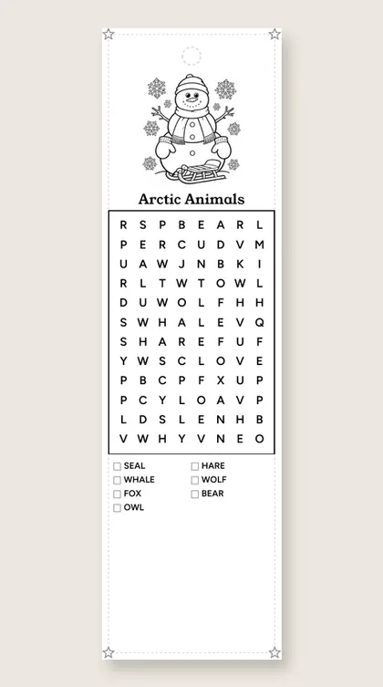 Arctic Animals: winter word-search bookmark