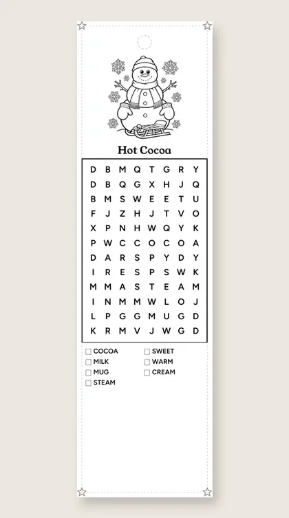 Hot Cocoa: winter word-search bookmark