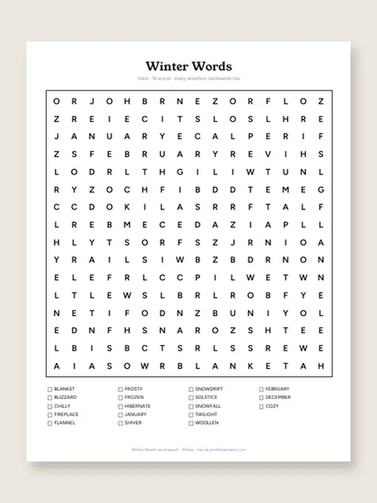 Winter Words word search puzzle