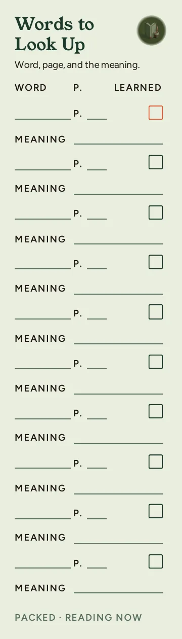 Reading Now, Words to Look Up: writable back, Packed layout, 10 rows.