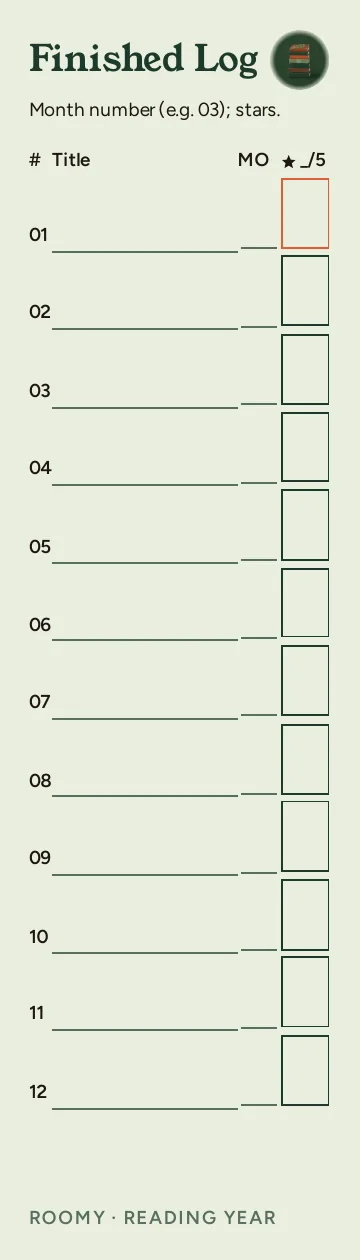 Reading Year, Finished Log: writable back, Roomy layout, 12 rows.