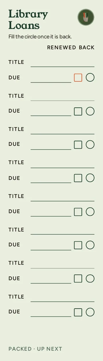 Up Next, Library Loans: writable back, Packed layout, 8 rows.
