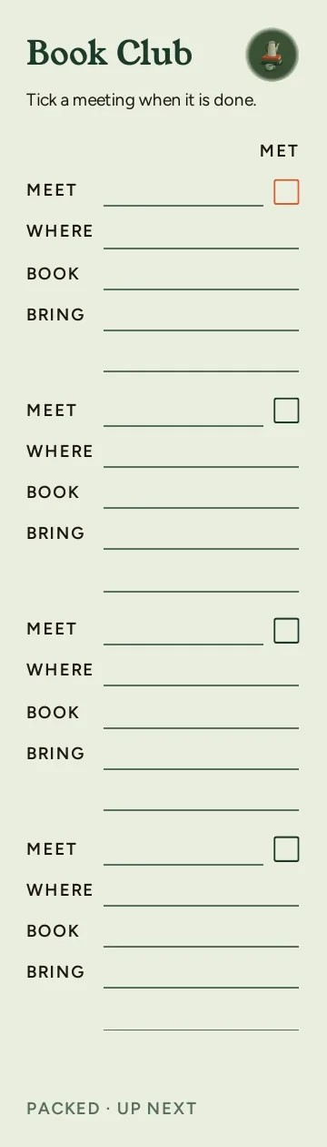 Up Next, Book Club: writable back, Packed layout, 4 rows.
