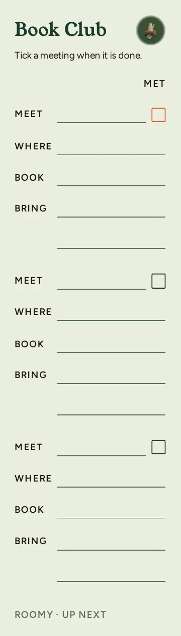 Up Next, Book Club: writable back, Roomy layout, 3 rows.