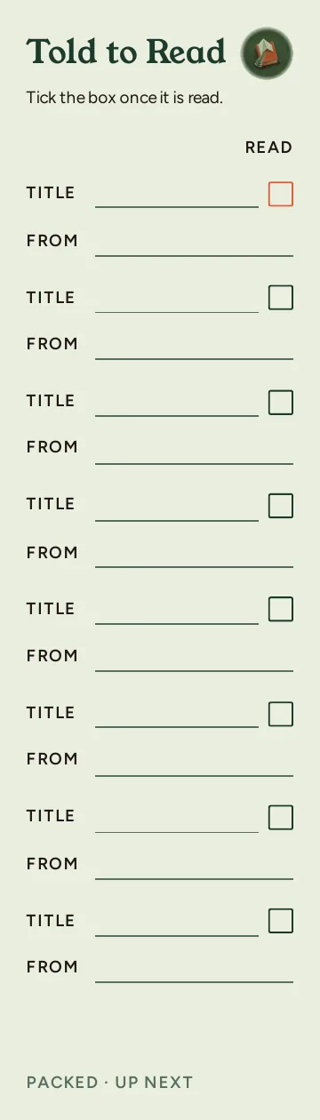 Up Next, Told to Read: writable back, Packed layout, 8 rows.