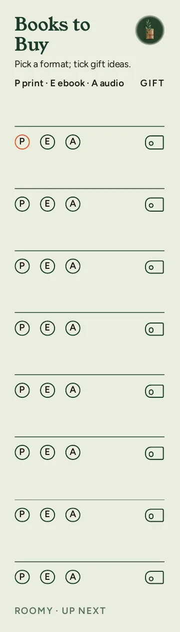 Up Next, Books to Buy: writable back, Roomy layout, 8 rows.