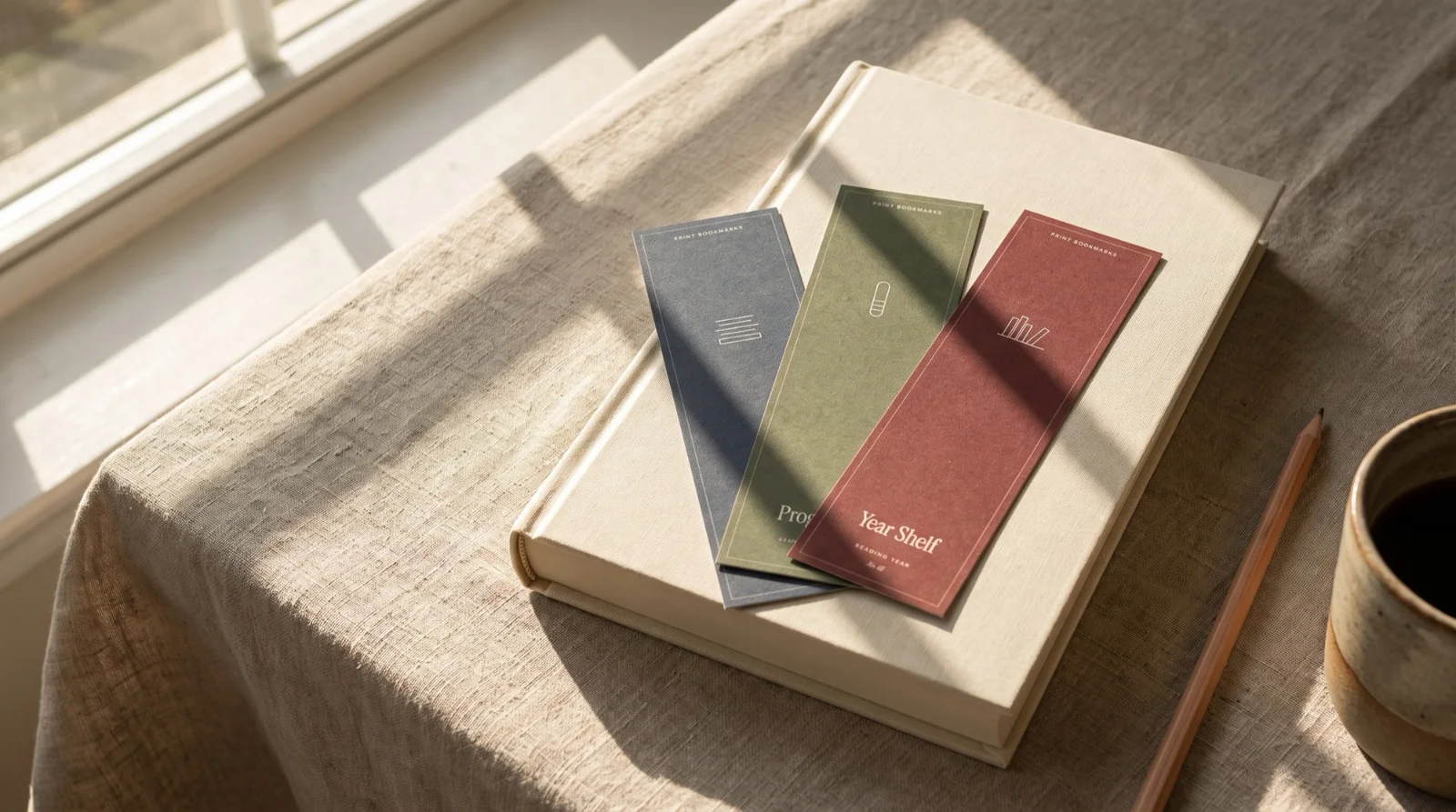 Printed bookmarks on a hardcover in morning light.