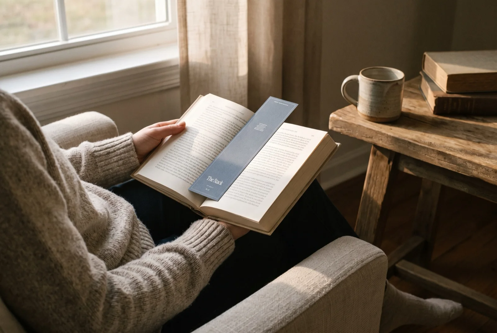 Someone reading in an armchair with a bookmark in the book.