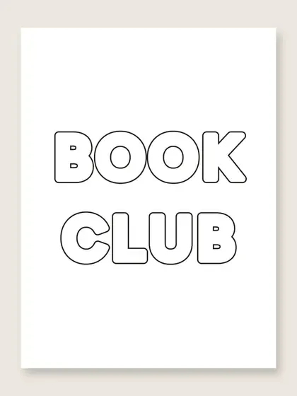A white printable page on a beige background with the words BOOK CLUB in black bubble letter outlines on two lines, left empty to color in.