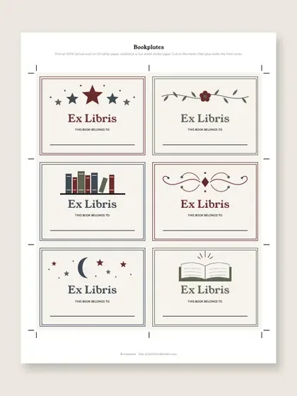 Six Ex Libris bookplates on one cream sheet with cut marks, in red, blue and green: stars, a vine, a shelf of books, a scroll, a moon and an open book, each with a name line.