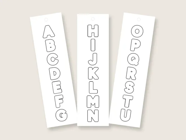 Three white printable bookmarks on a beige background, each with a hole at the top and black bubble letter outlines stacked down it, A to G, H to N and O to U.