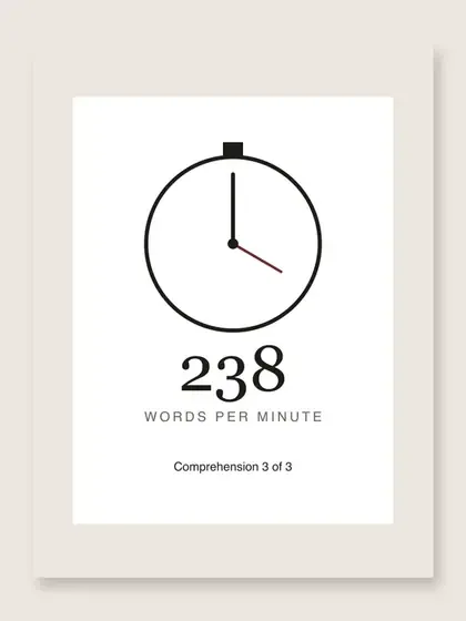 A printed white card on a beige background showing a clock face with the hands just past twelve, the number 238 over the words "words per minute", and the line "Comprehension 3 of 3".