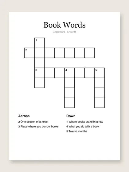A printed crossword titled Book Words, five numbered words linked in an open grid of white squares, with the clues listed below under Across and Down.