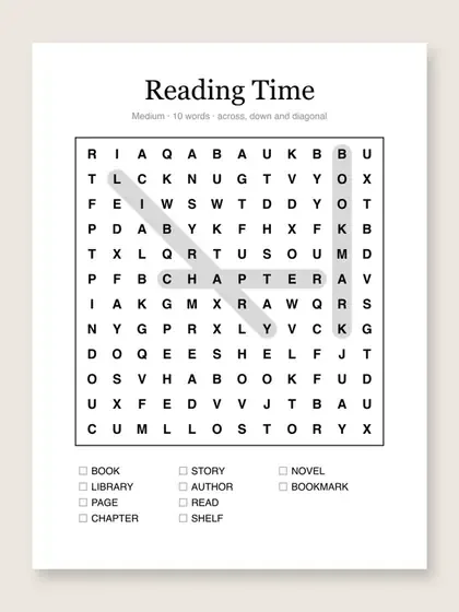 A printed word search titled Reading Time, a 12 by 12 letter grid with three found words shaded, CHAPTER across, BOOK down and one diagonal, and ten reading words with check boxes listed below.