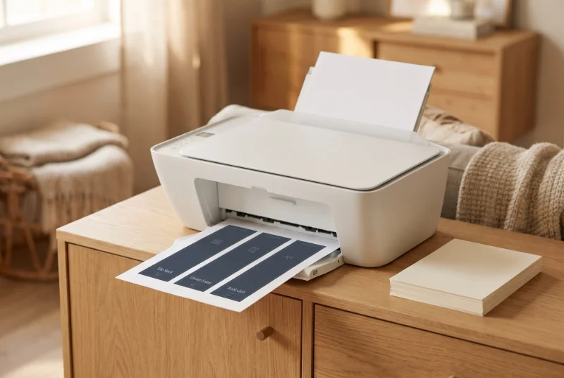 A white home printer on a wooden dresser feeding out a letter sheet with three dark blue bookmarks titled The Stack, Library Loans and Book Club