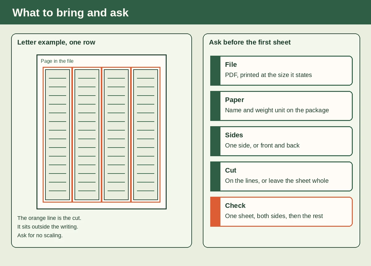 A sheet diagram with four vertical bookmark strips in one row and orange cut lines outside them, beside an ask list for file, paper, sides, cut, and check.