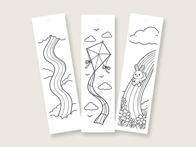Three white printable coloring bookmarks on a beige background, each with a hole at the top: a wavy rainbow ribbon between clouds, a kite with a rainbow tail, and a bunny sliding down a rainbow toward flowers.