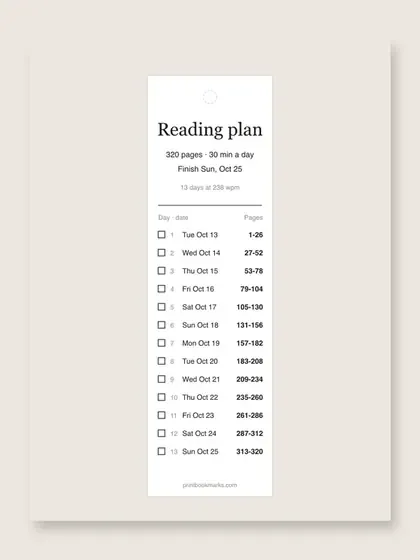 One reading plan bookmark on a beige background: Reading plan, 320 pages, 30 min a day, finish Sun Oct 25, with 13 dated rows, each with a tick box and the pages for that day.