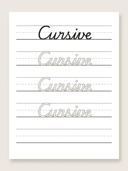 A cursive tracing worksheet. The word Cursive in solid joined script fills the top row, three dotted copies to trace sit below it on lined rows with a dashed midline, and two rows are blank.
