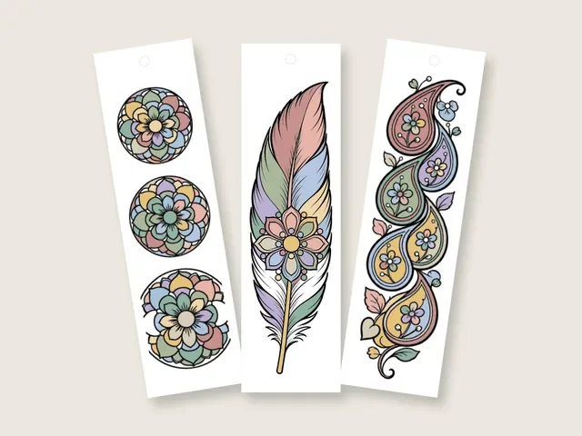 Three colored bookmarks on a beige background, each with a hole at the top: stacked round mandalas in pastels, a striped feather with a flower mandala, and a column of paisley drops with small flowers.